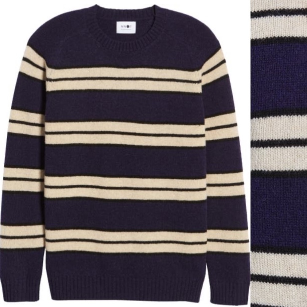 New with tag No Nationality Navy blue men’s 100% wool striped sweater size L NWT